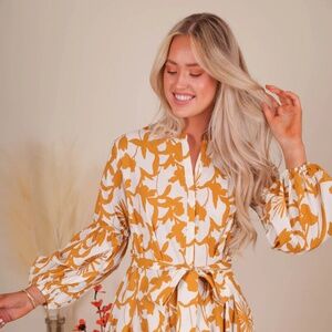 Aakaa Mustard Floral Bishop Sleeve Mini Dress – Size s-l